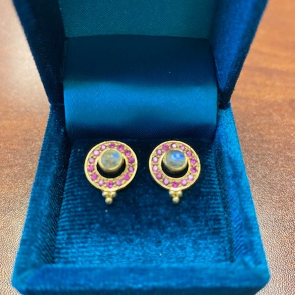 14k Gold, Pink Ruby, and Moon Stone Earrings - Picture 3 of 5